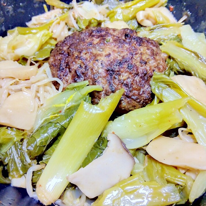 九条葱レタス青梗菜エリンギもやしハンバーグ蒸し煮